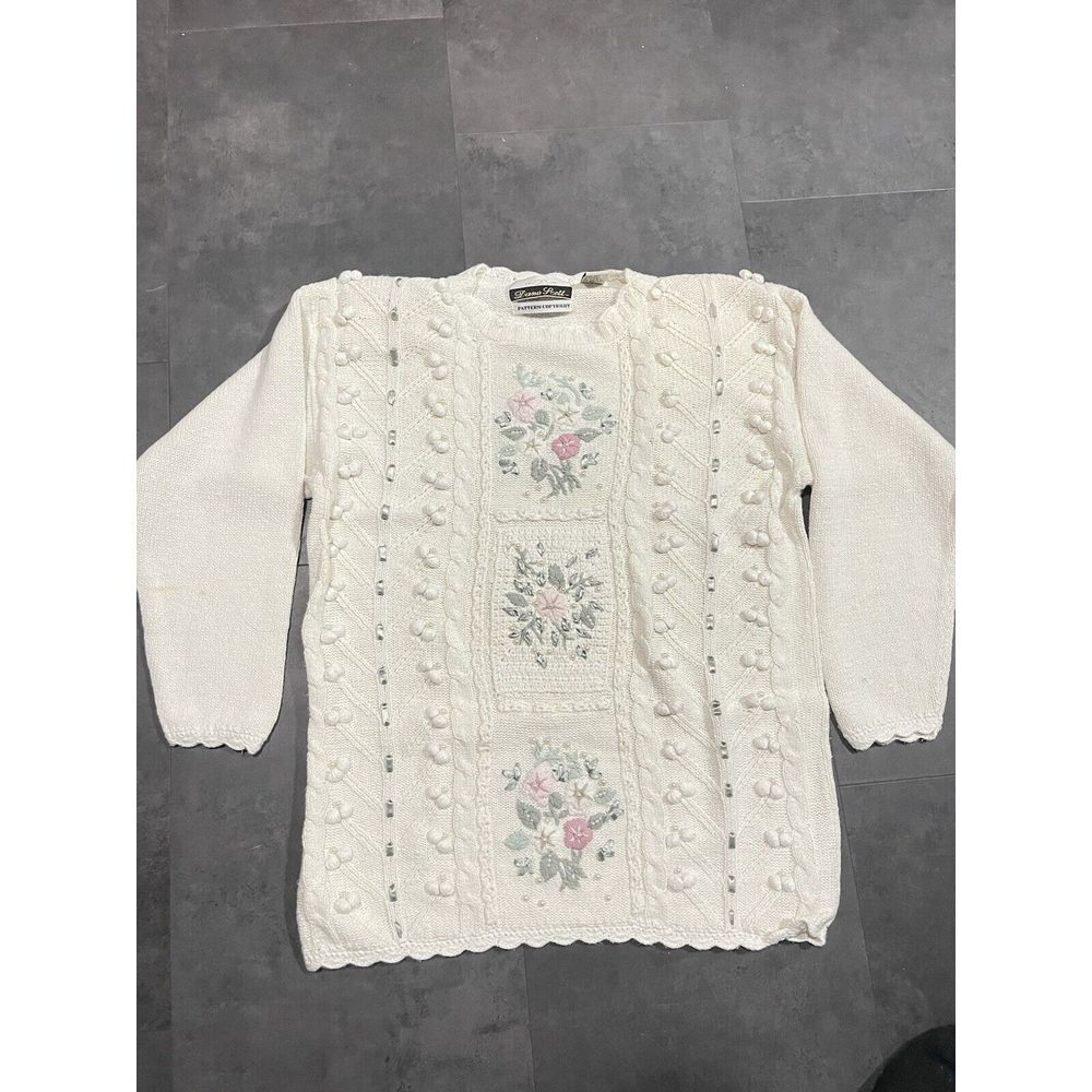 Vintage 90s Dana Scott Sweater Flowers& Roses Patchwork Cream & Pink Size M D204